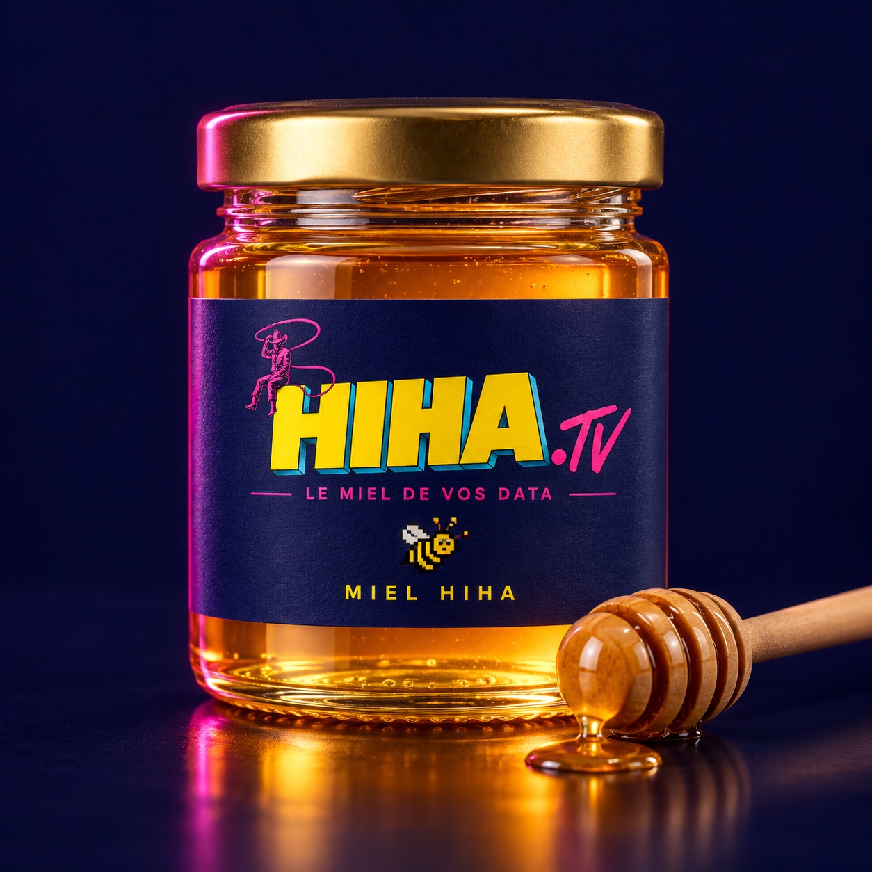 Pot de miel HIHA, avec son étiquette Le miel de vos data